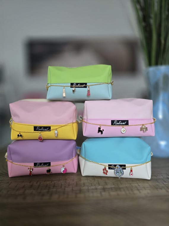 Personalized Makeup Pouch for Teens & Bridesmaids | Colorful Pastel Makeup Bags with Charm chain | Toiletry Bag | Customizable Travel Pouch