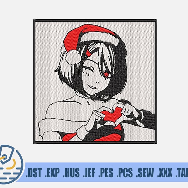 Fichier de broderie de Noël anime - téléchargement immédiat - motif fille de dessin animé de Noël pour patchs - main coeur PES Design - art manga japonais