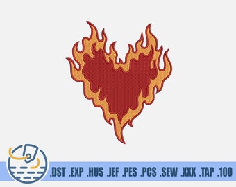 Burning Heart Embroidery File - Instant Download - Fire Design For Clothing Decoration - Flaming Love Pattern For Patches - Two Colors Art