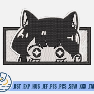Archivo de bordado de chica de anime - Descarga instantánea - Diseño de camiseta de dibujos animados japoneses - Orejas de gato kawaii PES - Patrón de ojos de manga DST - JEF Art