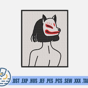 Anime Embroidery File - Instant Download - Kitsune Design For Clothing Decoration - Cartoon Girl Pattern For Patches - Wall Decor - Fox Mask