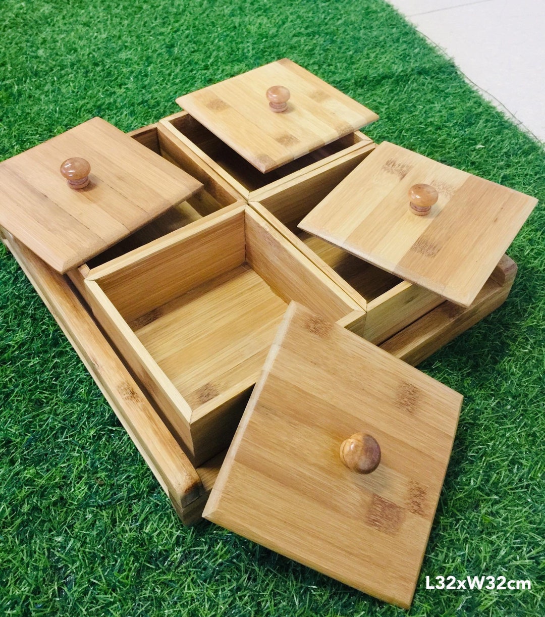Handmade Bamboo Storage Box With 4 Compartments, Organic Bamboo Storage