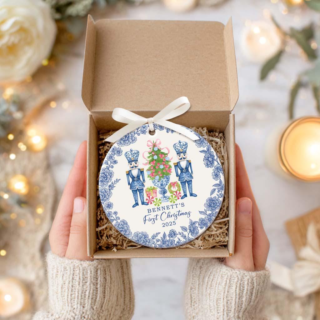 Custom Baby First Christmas Nutcracker Chinoiserie Christmas Ornament, First Xmas Toile De Jouy Style Ornament Baby Name, Baby 1st Keepsake