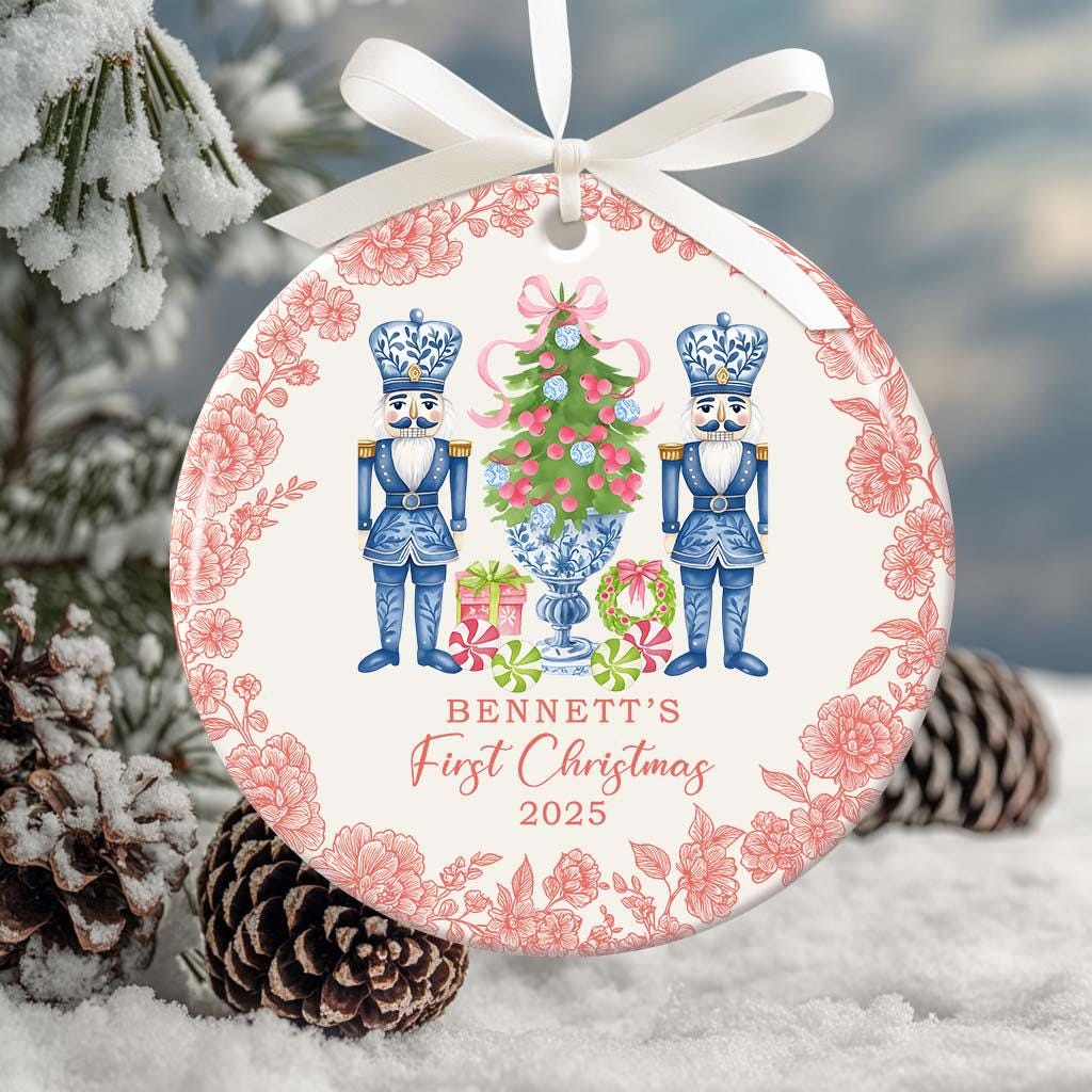Custom Baby First Christmas Nutcracker Chinoiserie Christmas Ornament, First Xmas Toile De Jouy Style Ornament Baby Name, Baby 1st Keepsake