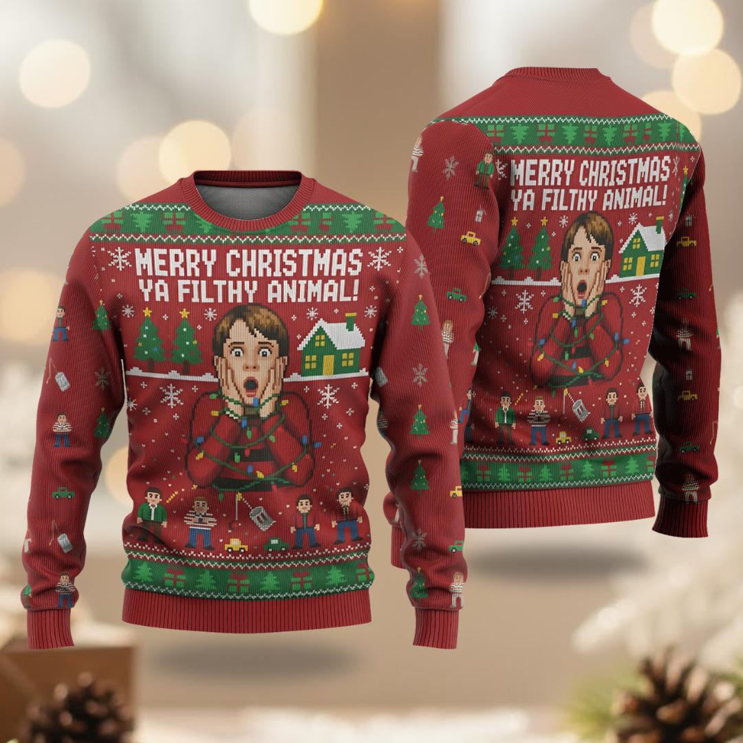 Discover Merry Christmas Ya Filthy Animal, Funny Christmas Ugly Sweater, Party Outfit Movie Xmas Sweater, Christmas 90s Movie Sweatshirt Gifts