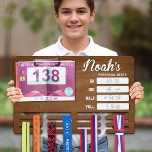 Personalized Running Medal Holder and Race Bib Display Board with Custom Name and Personal Best | Unique Gift Idea for Runners and Athletes