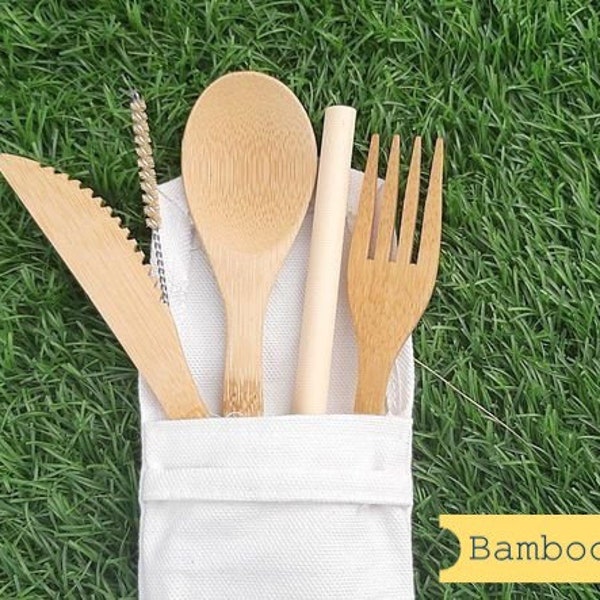 Reusable Bamboo Cutlery Set, Zero Waste Utensil Kit, Eco Friendly Portable Flatware, Knife Fork Spoon Bamboo Straw & Storage Bag