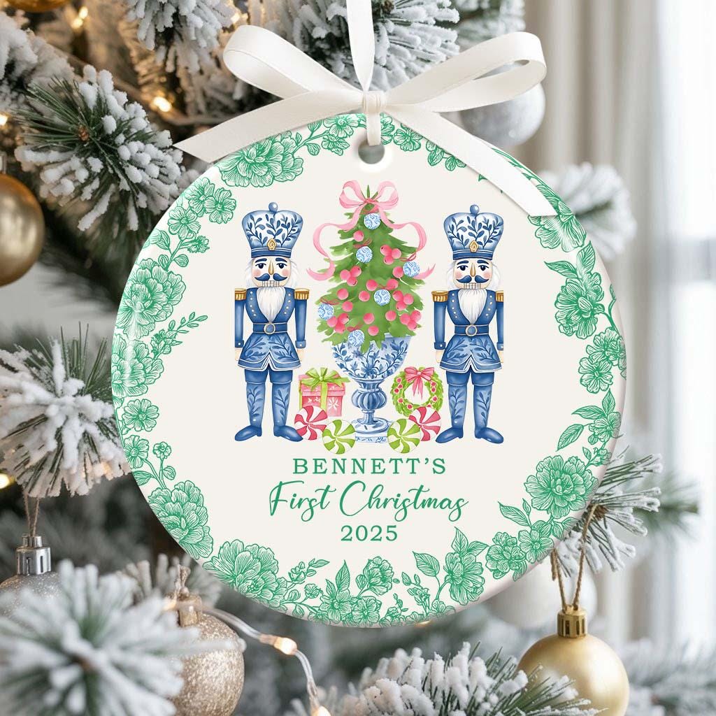Custom Baby First Christmas Nutcracker Chinoiserie Christmas Ornament, First Xmas Toile De Jouy Style Ornament Baby Name, Baby 1st Keepsake