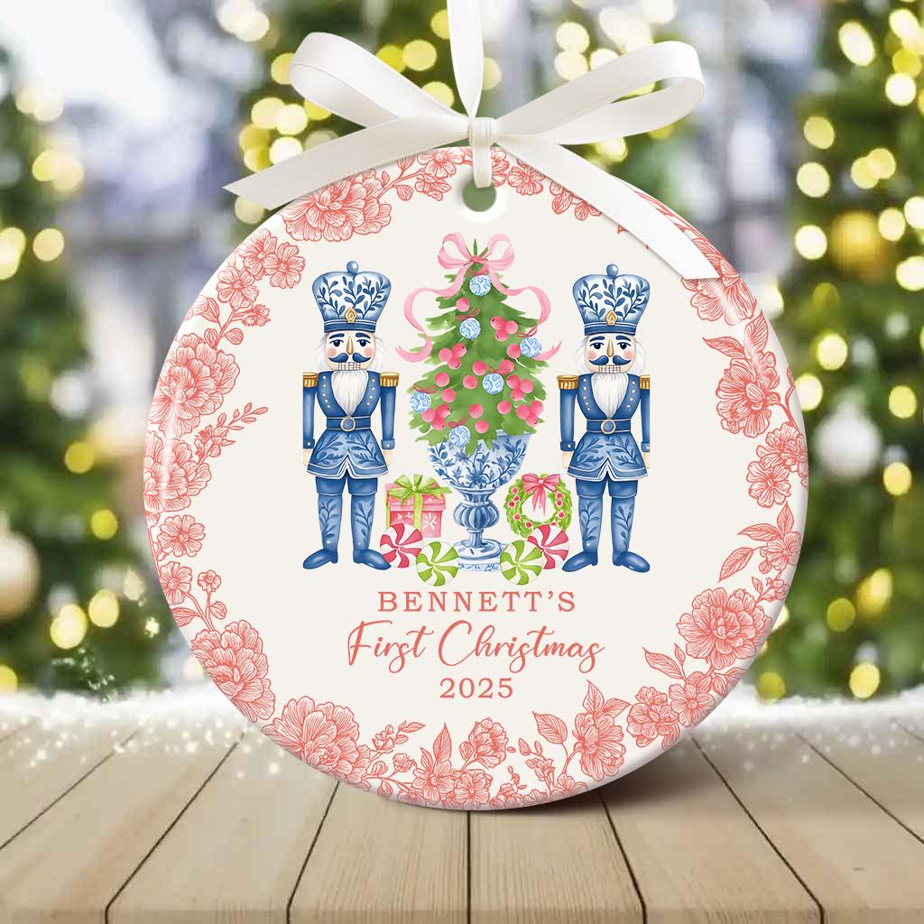 Custom Baby First Christmas Nutcracker Chinoiserie Christmas Ornament, First Xmas Toile De Jouy Style Ornament Baby Name, Baby 1st Keepsake