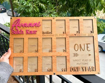 Personalized Wooden Photo Frame for Baby, Custom Baby Birth through One Year Photo Frame, Monthly Picture Frame Wall Art