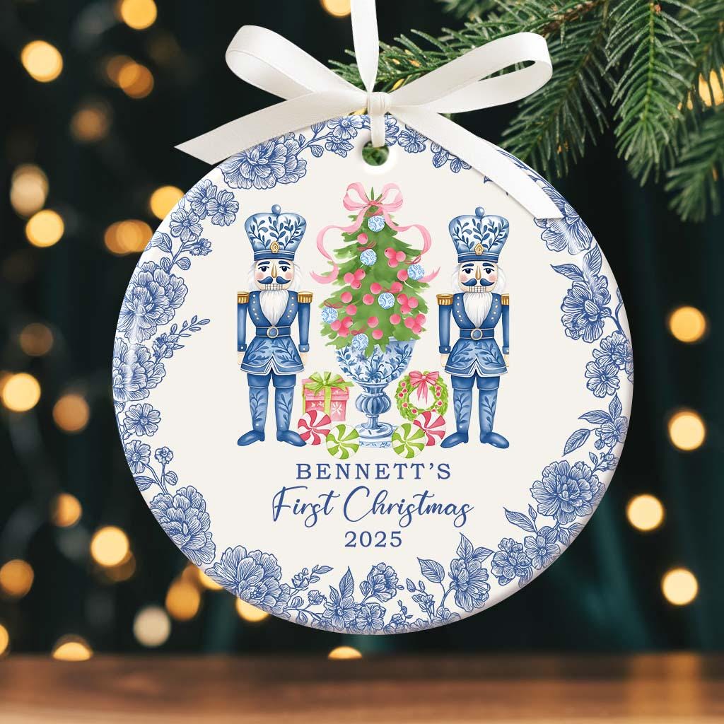 Custom Baby First Christmas Nutcracker Chinoiserie Christmas Ornament, First Xmas Toile De Jouy Style Ornament Baby Name, Baby 1st Keepsake