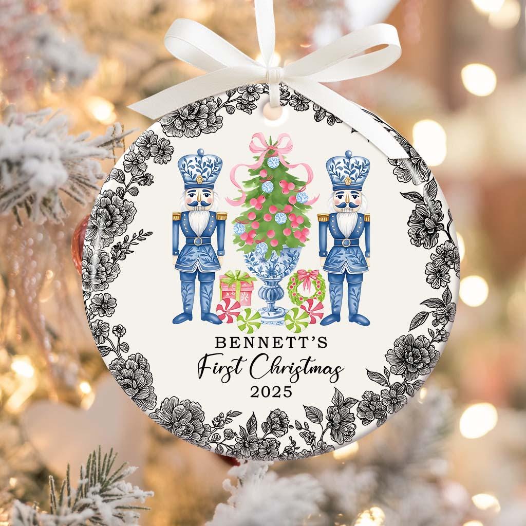 Custom Baby First Christmas Nutcracker Chinoiserie Christmas Ornament, First Xmas Toile De Jouy Style Ornament Baby Name, Baby 1st Keepsake