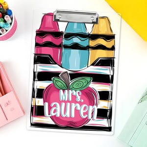 Crayon Apple Clipboard for Teachers | Personalized Name Gift | Cute Classroom AccessorieS |  Acrylic Clipboard | Back to School Office Decor