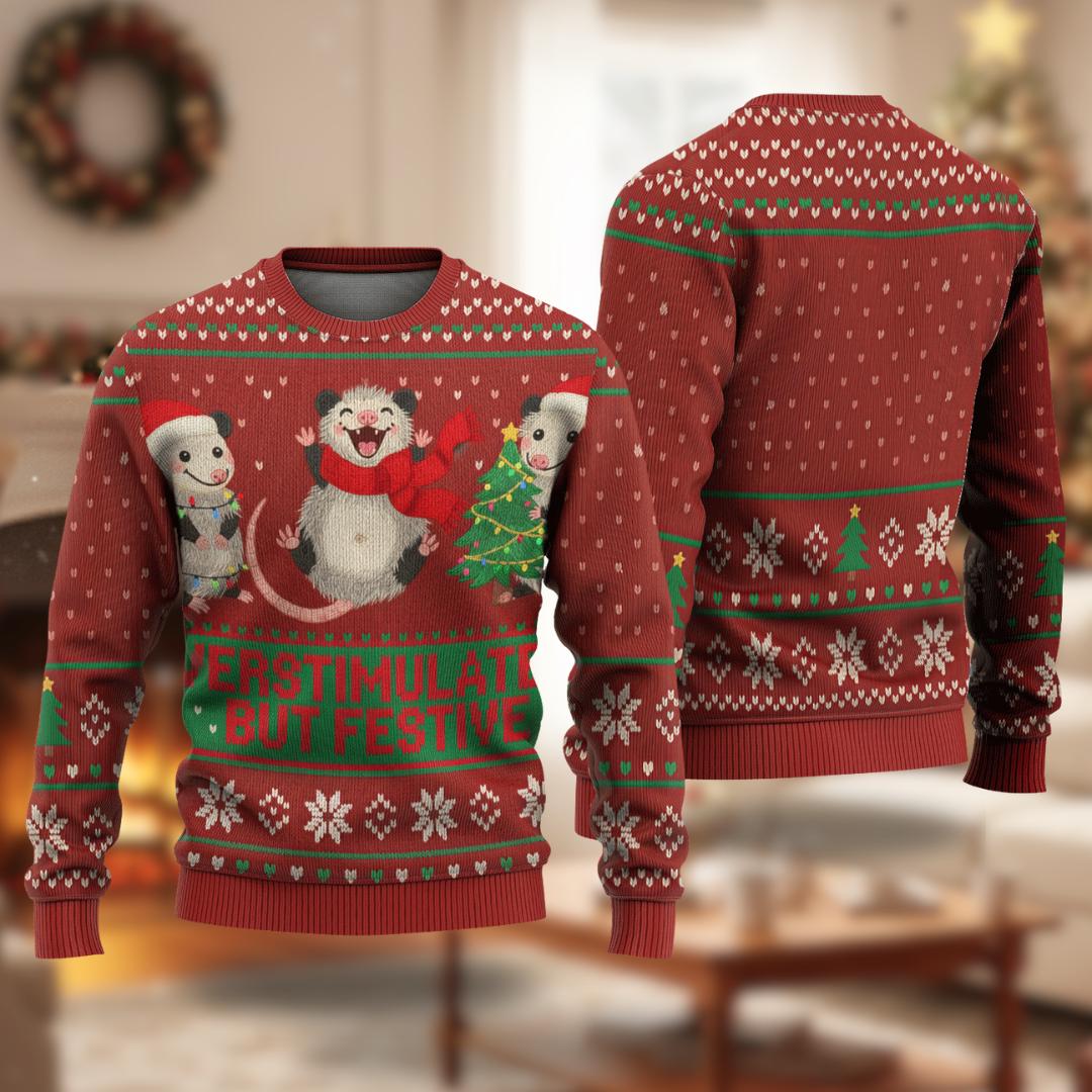 Discover Funny Opossum Christmas Ugly Sweater, Overstimulated But Festive Meme Shirt, Party Possum Holiday Gift, Ugly Xmas Animal Sweatshirt