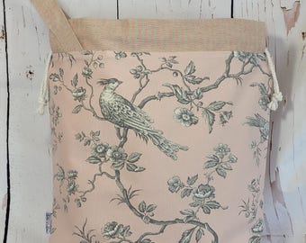 Large vintage style drawstring CRAFT PROJECT bag  + optional notions pouch in pink