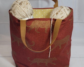 Large CRAFT PROJECT TOTE bag with faux leather handles in leopard design fabric
