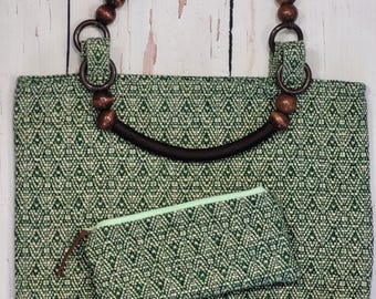 Handmade 100% British wool LARGE CRAFT TOTE bag,  wooden beaded handles + optional notions pouch