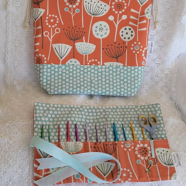 CRAFT BAG set, Large project bag, drawstring craft bag, needle roll holder, craft organiser, Knitting bag, Crochet bag, Crochet hook holder