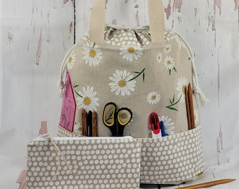 Large project bag with multiple pockets, handles + drawstring in daisy fabric  + optional notions pouch