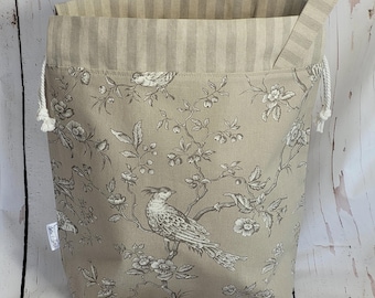 Large vintage style drawstring CRAFT PROJECT bag + optional notions pouch in taupe