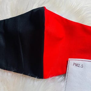 May include: Black and red face mask with a white filter insert labeled "PM2.5". The mask is made of two fabrics, one black and one red, sewn together. The mask has a small tag attached with the text "Masked Up" and a website address.