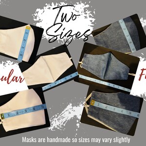 May include: Two face masks, one white and one blue denim, are laid out with measuring tape to show the difference in size. The white mask is labeled "Regular" and measures 5 inches across. The blue denim mask is labeled "Full" and measures 6 inches across. The text "Two Sizes" is written in white on a black background.