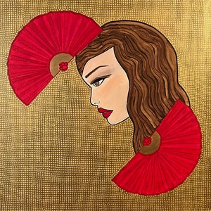 Stampa d&#39;arte originale, Bella donna, Oggettistica per la casa, La decisione, Opera d&#39;arte, Ventaglio rosso, Puntinismo, Amore