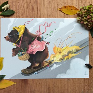 Go Shopping, Print Illustration A4, Skateboard, Bear, Granny, Home decoration