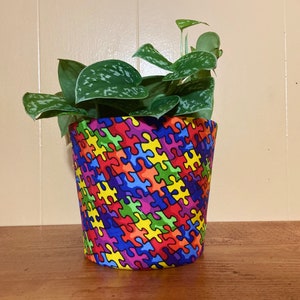 May include: A colorful plant pot with a puzzle piece pattern in shades of blue, red, yellow, green, and purple. A green plant with silver leaves is growing in the pot.