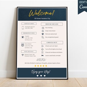 Puede incluir: Un cartel de bienvenida para un alquiler vacacional con fondo azul y texto blanco. El cartel incluye información de contacto, números de emergencia, reglas de la casa, instrucciones de salida y una sección de reseñas. El texto dice "¡Bienvenido! 123 Street, Vacation City".