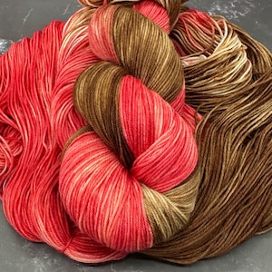 May include: Close-up of several skeins of yarn in shades of red, brown, and tan. The yarn is tightly wound, with some skeins showing a gradient effect. The colors range from bright coral to deep brown, creating a visually appealing display for knitting or crochet projects.