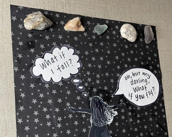What if I fall / what if I fly? Inspirational Original Artwork Wall Art - Mixed Media Natural Canvas 12x12" Feminine Decor