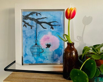 Bird in Flight / Birdcage Handpainted Watercolor / Pen Drawing Framed Art Wall Decor