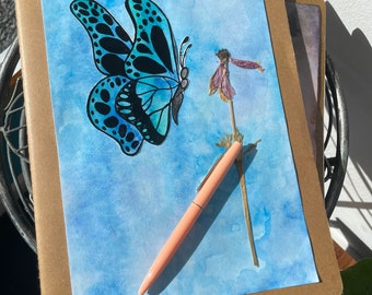 Watercolor Butterfly & Pressed Anemone | Lined Cahier Journal | Original Mixed Media Cover Artwork