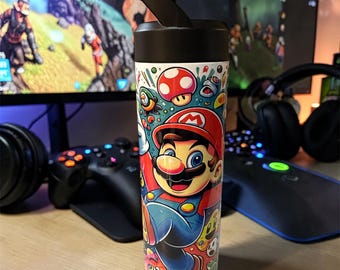 Vaso de 20 oz con personajes clásicos de arcade: vaso delgado con tapa inspirado en juegos retro