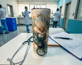May include: A stainless steel tumbler with a floral and stethoscope design. The tumbler has a cream background with large pink and teal flowers and a teal stethoscope. A silver stethoscope rests on the table next to the tumbler.