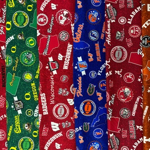 NCAA Home State Prints, University College, 6 of 12 Designs, 100% Cotton Fabric.  Sold by the 1/4 Yard (9” x 42”) or 1/2 Yard (18” x 42) New