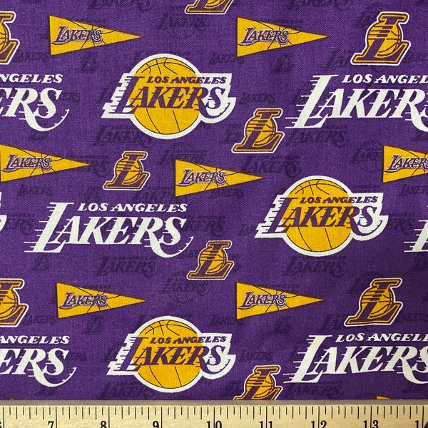 NBA LA Los Angeles Lakers Basketball, LICENSED, Retro / Pennants, sold by the 1/4 Yard (9” x 44”) or 1/2 Yard (18” x 44”) 100% Cotton Fabric