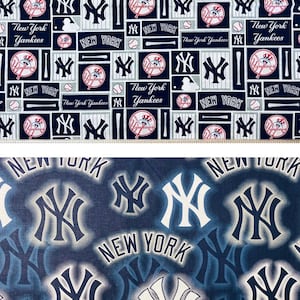 May include: Two fabric swatches with a New York Yankees theme. The top swatch features a repeating pattern of the New York Yankees logo, baseball bats, baseballs, and the words "New York Yankees". The bottom swatch features a repeating pattern of the New York Yankees logo in white on a dark blue background.