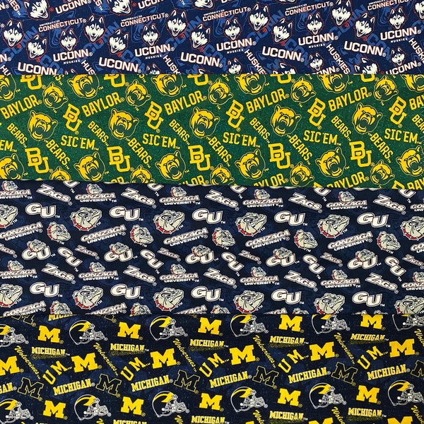 NCAA College University, Tone On Tone Design.  UConn Connecticut, Baylor, Gonzaga, or Michigan.  All are 100% Cotton Fabric New