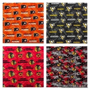 May include: Four different fabric squares with hockey team logos. The top left square is orange with a black and white Philadelphia Flyers logo. The top right square is black with a yellow and black Pittsburgh Penguins logo. The bottom left square is red with a black and white Chicago Blackhawks logo. The bottom right square is black and red with a white Chicago Blackhawks logo.