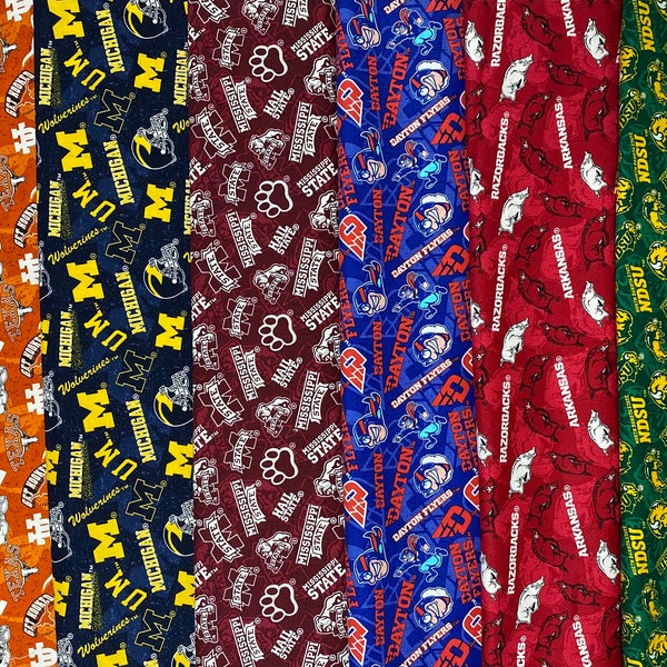 NCAA College University, Tone On Tone. Texas, Michigan, Mississippi State, Dayton, Arkansas, NDSU North Dakota State, 100% Cotton Fabric New