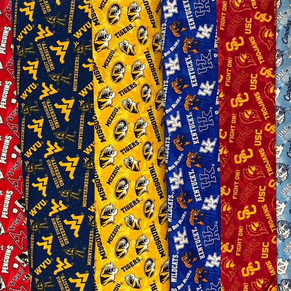 NCAA College University, Tone On Tone. Youngstown State, West Virginia, Missouri, Kentucky, USC, UNC North Carolina, 100% Cotton Fabric, New