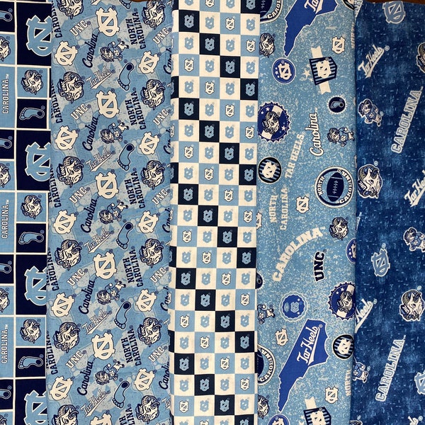 NCAA College UNC University of North Carolina Tarheels, 5 Patterns / Designs, 100% Cotton Fabric, 1/4 Yard (9” x 42”) or 1/2 Yard (18” x 42)