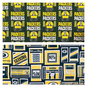 May include: Green and yellow fabric with a repeating pattern of the Green Bay Packers logo, the words "Packers" and "NFL".