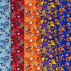 NCAA PAISLEY Prints, University College, 7 Designs / Teams, 100% Cotton Fabric.  Sold by the 1/4 Yard (9” x 43”) or 1/2 Yard (18” x 43”) New
