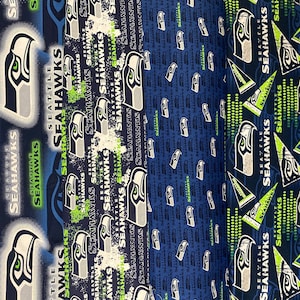 NFL Seattle Seahawks Football, 4 Patterns / Designs, 100% Cotton Fabric. Sold by the 1/4 Yard (9” x 44”/57”) or 1/2 Yard (18” x 44”/57”) New