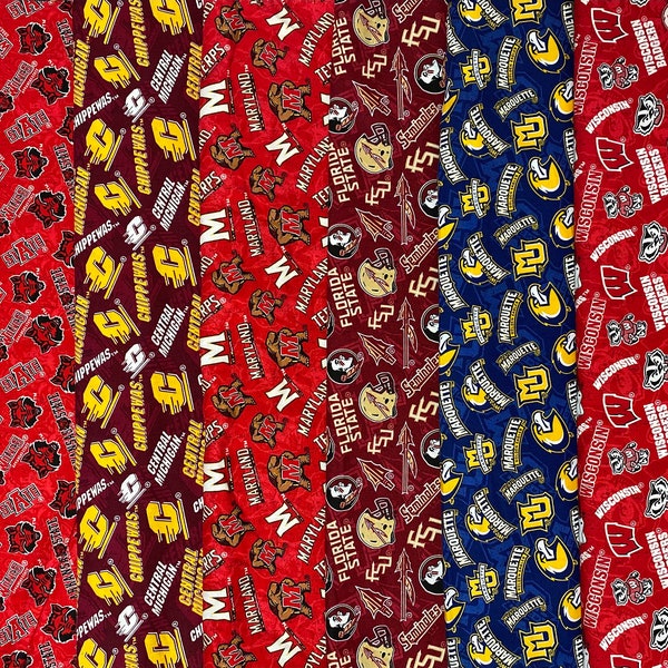 NCAA College University, Tone On Tone, Arkansas State, Central Michigan, Maryland, Florida State, Marquette, Wisconsin, 100% Cotton Fabric