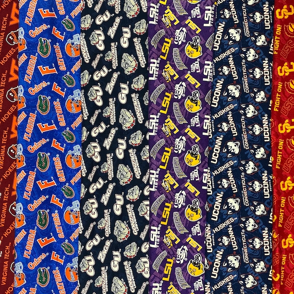 NCAA College University, Tone On Tone.  Virginia Tech, Florida, Gonzaga, LSU Louisiana State, UConn Connecticut, USC. 100% Cotton Fabric New