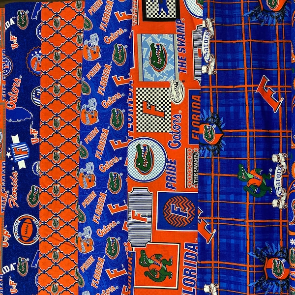 NCAA University of Florida Gators, 7 Designs, 100% Cotton Fabric.  Sold by the 1/4 Yard (9” x 42/44”) or 1/2 Yard (18” x 42/44”).  New